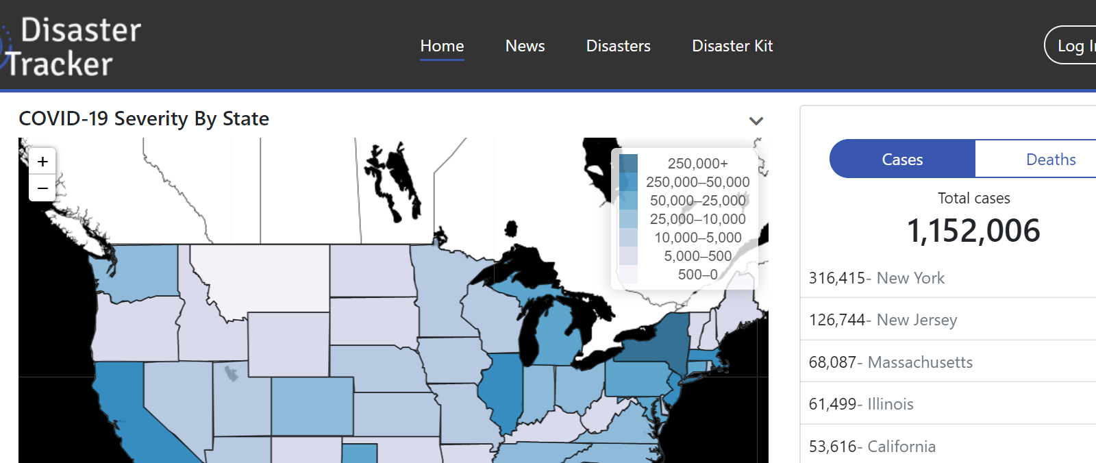 Screenshot of COVID-19 Disaster Tracker